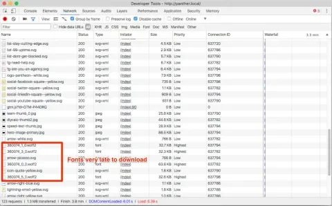 Devtools network tab showing fonts downloading late