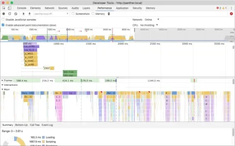 Performance tab showing flame chart of JavaScript execution