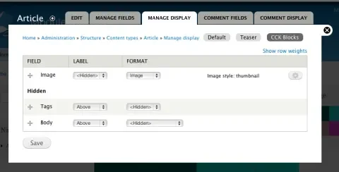 Screenshot of the field display settings page