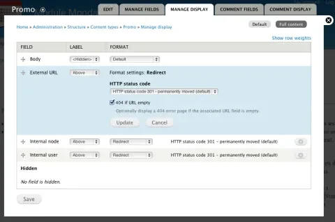 Screenshot of Field Redirection configuration screen