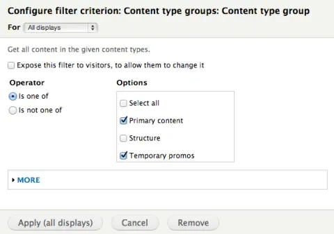 Picture of the Content Type Groups views filter page