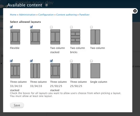 Screenshot of Panelizer allowed layouts