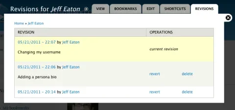 User Revision module, comparing two versions of a user account.