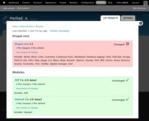 Hacked! summary page showing Drupal has been modified