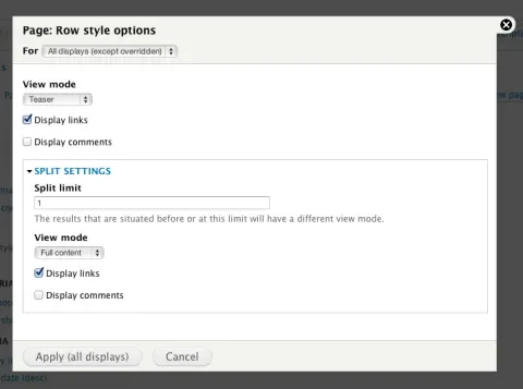 Screenshot of the Views Nodes Split configuration screen